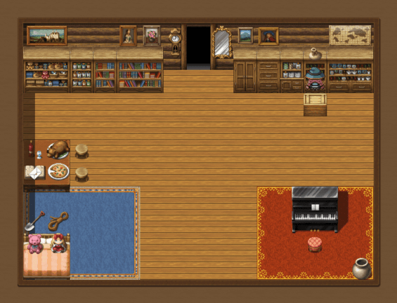 プレイヤーがイスに乗っている様子（※RPGツクールMVのゲーム画面のスクリーンショット）